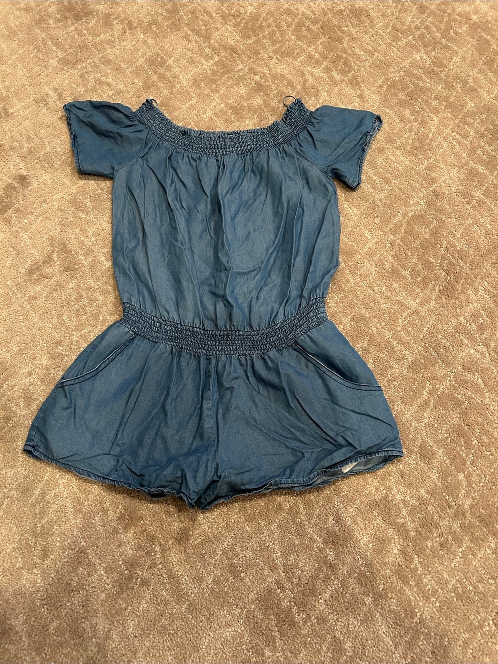 Girls Denim-Blue Off-Shoulder Romper with Elastic Waist